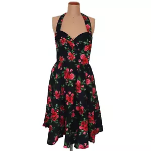 Hell Bunny Vixen Floral Halter Neck Dress SZ L Rockabilly Full Skirt Swing Retro - Picture 1 of 8