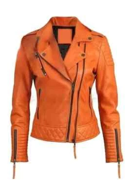 Chaqueta Mujer Naranja Hecha a Mano Cuero Genuino Piel de Cordero Elegante Informal Suave Motociclista Foto 1 de 4