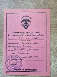 SELTENE Einnahmenmarken Nazi 1944 auf französischer Arbeiterkarte - Blut und Boden - Bild 1 von 3