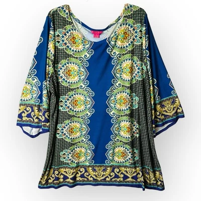 Sunny Leigh Womens 2X Top Tunic Art To Wear Paisley 3/4 Angel Sleeve Boho Gypsy - Image 1 of 4
