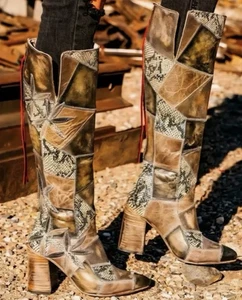 FREE BIRD BY STEVEN JUNO Tan MULTI COLOR PATCHWORK TALL BOOTS HANDMADE SIZE 10 - Picture 1 of 12