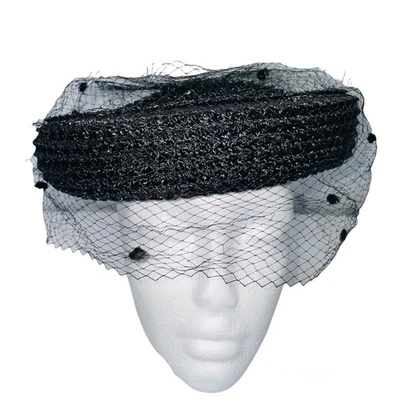 Vintage Womens Hat Black Pillbox Church Netting Bow Wedding Costume Theatre - Image 1 of 4