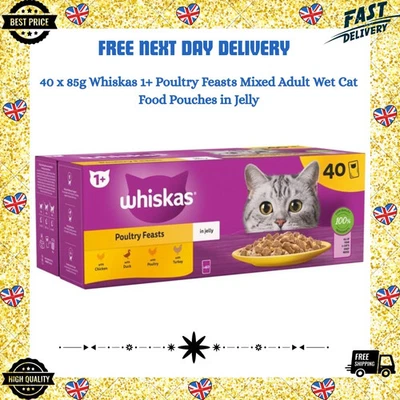 BRANDED 40 x 85g Whiskas 1+ Poultry Feasts Mixed Adult Wet Cat Food Pouches in Jelly