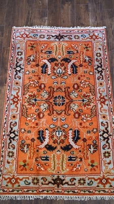 Vintage Handwoven Wool Area Rug 3x5 ft – Persian Style Medallion Design, Orange - Image 1 of 4