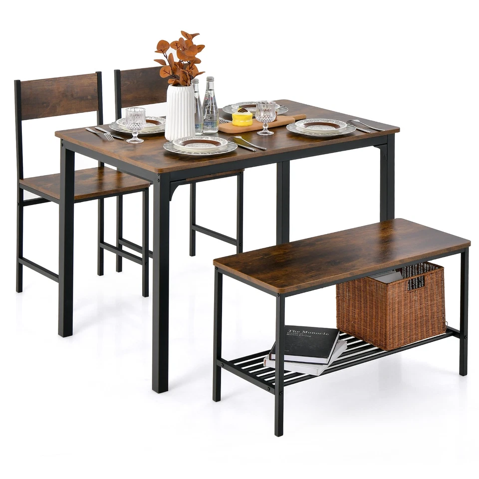 Costway 4pcs Dining Table Set Rustic Desk 2 Chairs & Bench w/ Storage Rack Brown