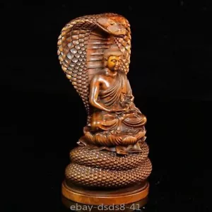 Vecchia statua serpente Buddha serpente intagliato legno di bosso scultura buddismo decorazione - Foto 1 di 11