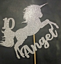 CUSTOM Cake Topper Unicorn ANY NAME & AGE Silver Glitter  FREE UK P&P