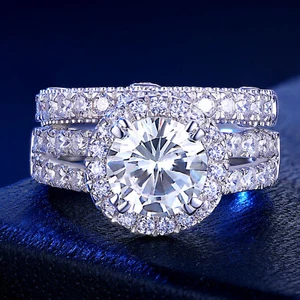 Sterling Silver Women Jewelry Engagement Wedding Ring Set Wedding Band Set Size7 - Picture 1 of 7