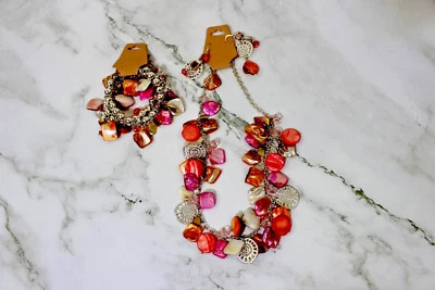 NUEVO CONJUNTO DE JOYAS COLLAR, PULSERA Y PENDIENTES CUENTAS ROSA NARANJA 3 PIEZAS Foto 1 de 4