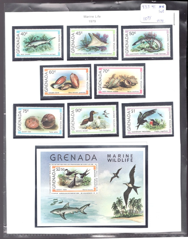 Granada Sc# 933-941 1979 - Aves silvestres marinas, peces y caparazones conjunto MNH Cv $10,75 Foto 1 de 1