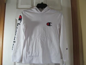NWT KIDS UNISEX CHAMPION PULLOVER HOODIE SHIRT, FRONT POCKET, WHITE WITH LOGOS - Picture 1 of 8