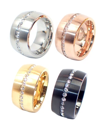 Edelstahlringe Damen 12mm silber rose gold schwarz mittig Zirkonia Steine 316L - Bild 1 von 4