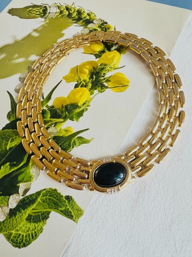 Givenchy Orologio Vintage Anni 80 Link Onice Cristalli Neri Collare Grosso Collana