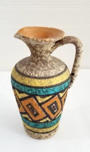 Italian Pottery Pitcher Vase 8" Lava Glaze Painted Geometric Design - Picture 1 of 19