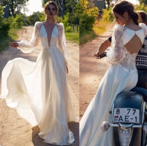 Plunging Wedding Dresses A Line Long Balloon Sleeve Backless Applique Lace Train - Picture 1 of 9