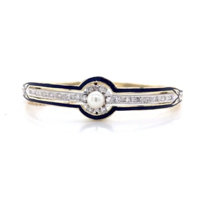 Brazalete Brazalete Oro Amarillo Blanco 14K Dos Tonos Perla Diamante Foto 1 de 4