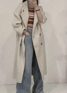 Hand Made Beige Double Breasted Button Double Faced Wool Coat Jacket S - Picture 1 of 11