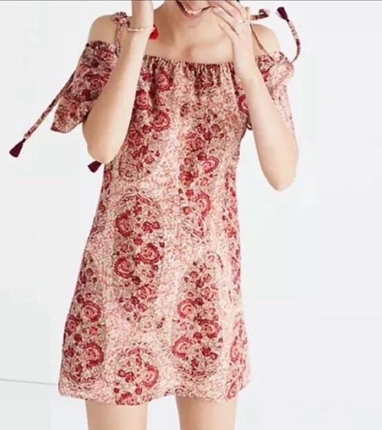 Vestido Madewell Seda Hombro Frío Cascada Paisley Rosa Talla XS Foto 1 de 4