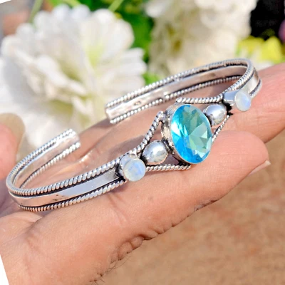 London Blue Topaz & Moonstone Gemstone 925 Sterling Silver Bracelet For Festival Foto 1 de 4