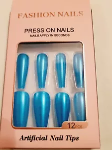 Press On Fashion Nail Tips 12 nails in set. Shiny Blue Fake Nails Tips w/Glue - Picture 1 of 5
