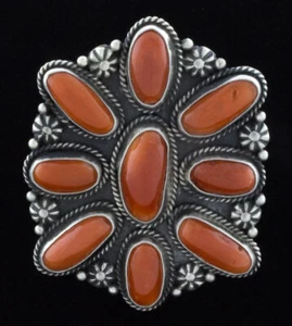 8 - High Grade Natural Momo Coral Cluster Ring By Navajo Artist Tyler Brown - Picture 1 of 4