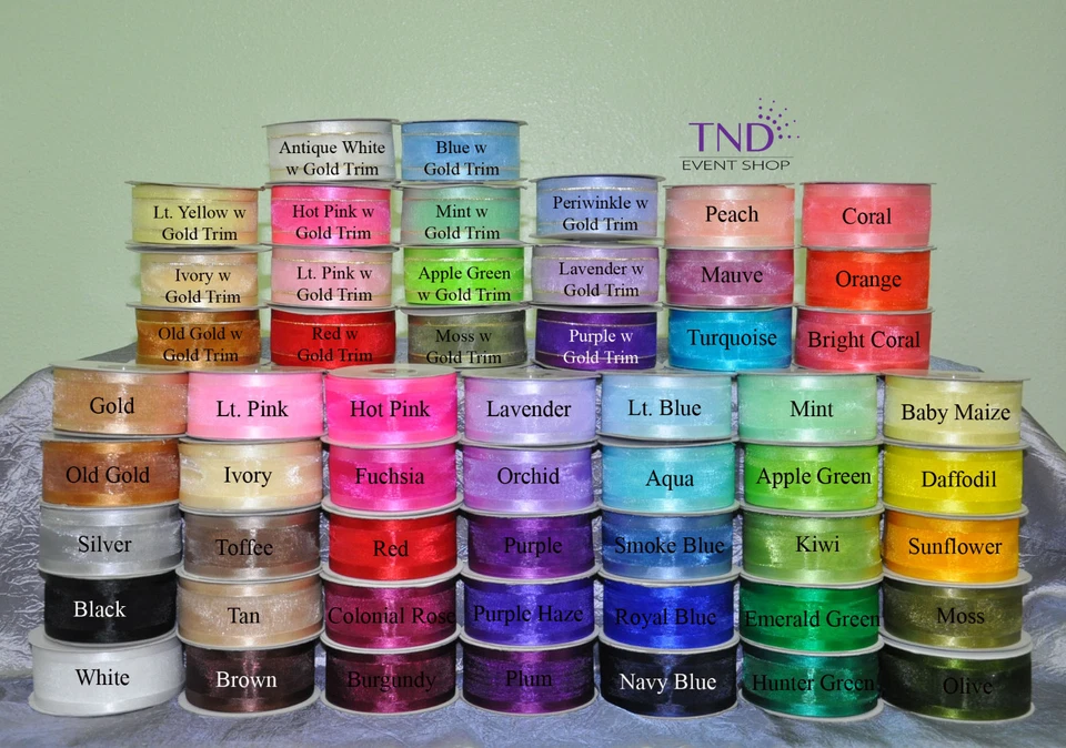 CINTAS DE ORGANZA BORDE SATINADO ROLLOS DE 25 YARDAS 3/8” 5/8” 7/8” 1,5” DE ANCHO  Foto 1 de 1