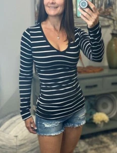 Sexy Nautical Striped Preppy Stretch V-Neck Low Cut L/S Shirt Black White S/M/L - Picture 1 of 10