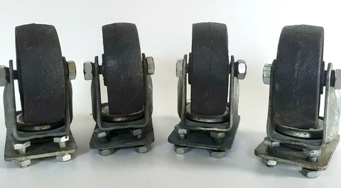 Industrial Factory Cast Iron Swivel Castors w/ Bolts, Vtg Heavy Duty 3.5" Wheels Cover