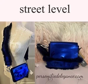 NEW Street Level Metallic Blue Faux Patent Leather Faux Fur Crossbody Bag $68 - Picture 1 of 12
