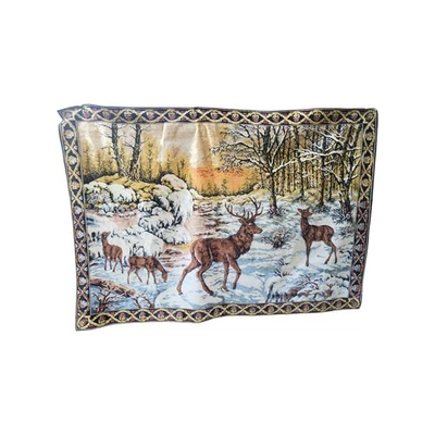 Vtg Large Woodland Deer Velvet Scenic Wall Tapestry / Rug  Made In Italy 72x50in - Image 1 of 4