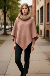 SCHWARZE NIETEN Kunstfell Poncho Cape, Rouge Farbe S/M, Einzelhandel $ 89,00 neu mit Etikett - Bild 1 von 3