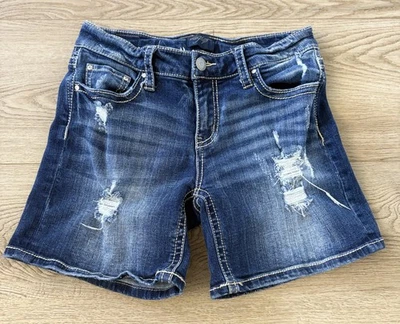 Daytrip Shorts Womens 26 Blue Distressed Denim Virgo Mid Rise Raw Hem Casual - Image 1 of 4