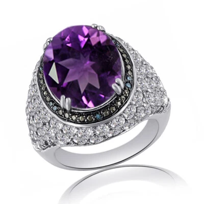 Oval Cut Amethyst & Simulate Diamond Engagement Band Ring 14K White Gold Plated - Image 1 of 3