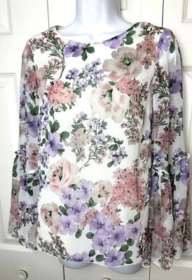MASSIMO DUTTI Floral Top Bell Sleeve Shirt Keyhole Blouse White Pink Purple Sz 2 - Image 1 of 4