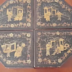ANTIQUE LACQUERED JEWELLERY BOX CHINA c1800's 4 SECTIONS GILDED SCENES #qq - Foto 1 di 6