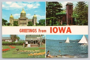 Grüße aus Iowa Segelboote Kapitol kleine braune Kirche Tulpenzeit Postkarte - Bild 1 von 2