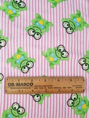 Green Frogs In Glasses and Bow Tie on Red Stripe Flannel Fabric 29" x 54" - Image 1 of 2