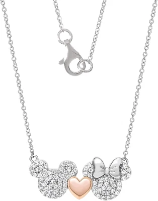 Disney Sottile Targa D'Argento, Cristalli Mickey & Minnie Rosa Cuore Oro Collana - Immagine 1 di 4