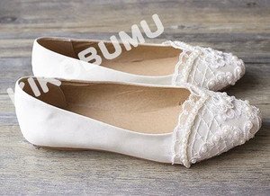 Satin White Ivory lace pearls flat ballet wedding bridal shoes bridesmaid shoes - Picture 1 of 5