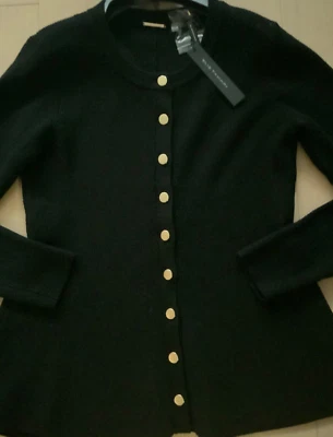 Elie Tahari 金色纽扣前黑色毛衣开衫 S 码 Wmns 全新带标签 295 美元 — 第 1/4 张图片