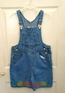 Vintage Camp Beverly Hill Denim Short Overalls Embroidered Flowers Size L 14-16 - Picture 1 of 5