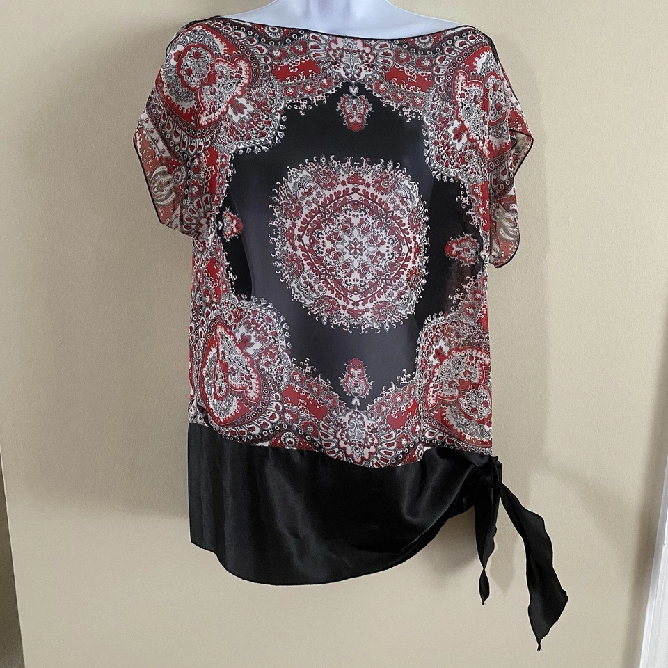 复古 Heart Soul 女式透明佩斯利头巾衬衫 M 码中号红色黑色 — 第 1/4 张图片