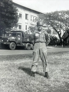Vintage Photo Military Man Dump Truck In Back 3.5x3.5” Black And White - Picture 1 of 3