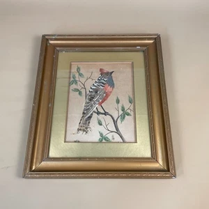 Vintage Chinese Feather Bird Art on Hand Painted Background Gold Frame Oriental - Picture 1 of 10