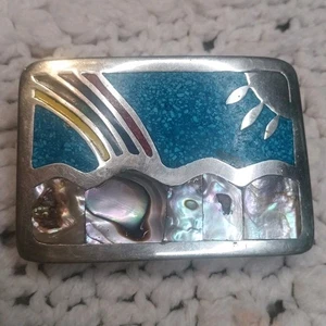Fibbia cintura vintage alpaca argento turchese mosaico intarsiato Messico montagna sole arcobaleno - Foto 1 di 8