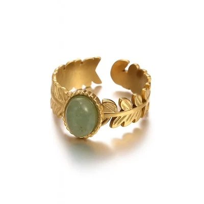 Anillo Hojas Ajustables Abiertas Piedras Preciosas Ovaladas Verdes Acero Inoxidable Chapado en Oro Foto 1 de 3
