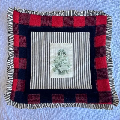 Винтажная клетчатая подушка с принтом собаки в виде буйвола 18 дюймов отделка для коттеджа деревенская  - Изображение 1 из 4