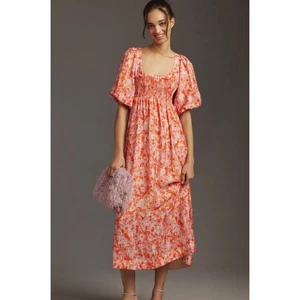 By Anthropologie Vestido Midi Babydoll Manga Corta Calado Naranja Rosa Puff - Imagen 1 de 10