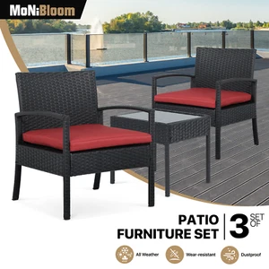 3 PCS Outdoor Bistro Furniture Set Rattan Chairs+Tempered Glass Table Wicker Set - Picture 1 of 11