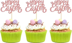 24Pcs Happy Easter Cupcake Toppers Pink Glitter Easter Rabbit Ear Cupcake Picks - Picture 1 of 4